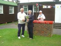 August tournament: Jack Davies receives the Abbey Challenge Cup from John Solomon (photo: Margaret Russell)
