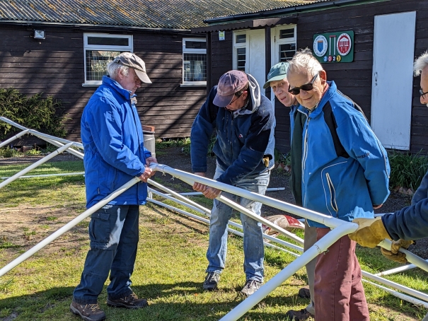 Erecting the marquee, 2023: Tony Jolly, Clive Hayton, Peter Pullin, ??, Richard Pointon